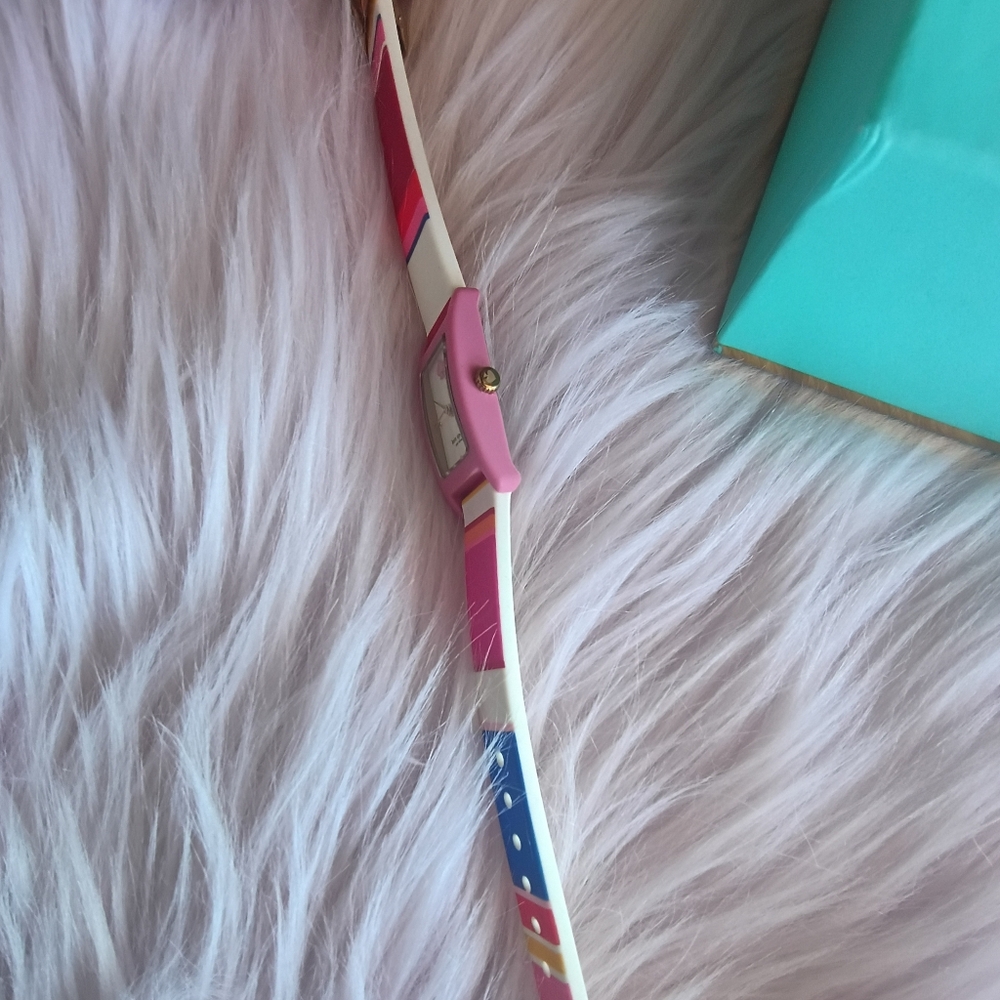 NEEDS BATTERY Kate Spade Red Pink Blue Yellow Orange Striped Silicone Watch - Picture 7 of 16